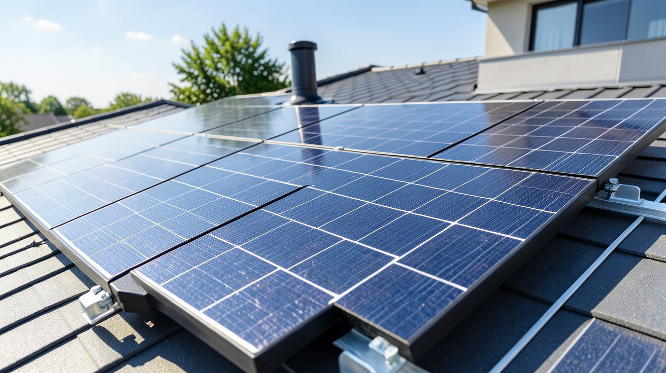 panneau solaire maison individuelle installé sur un toit moderne avec des équipements photovoltaïques de haute qualité