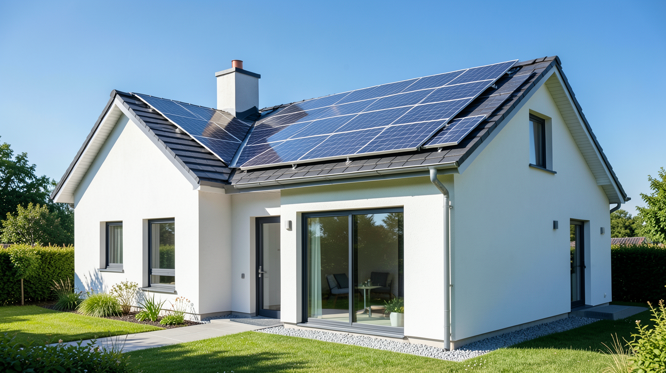 panneau solaire maison individuelle prix installé sur le toit d'une maison de 150 m² avec une puissance de 6 kWc.