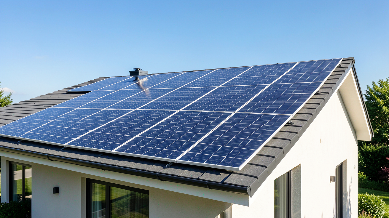 panneau solaire maison individuelle prix installé sur le toit d'une résidence moderne sous un soleil radieux