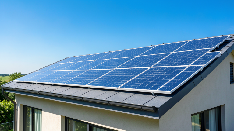 panneau solaire maison individuelle installé sur le toit d'une habitation contemporaine sous un ciel clair
