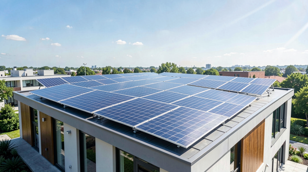 panneau solaire maison installé sur la toiture d'une résidence moderne par une journée ensoleillée