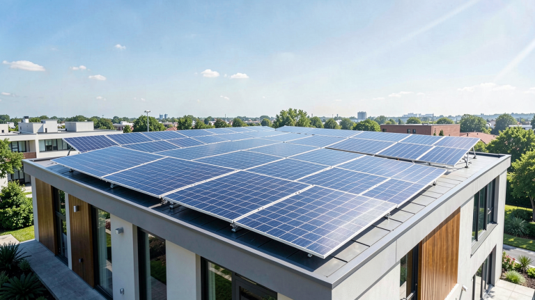 panneau solaire maison installé sur la toiture d'une résidence moderne par une journée ensoleillée