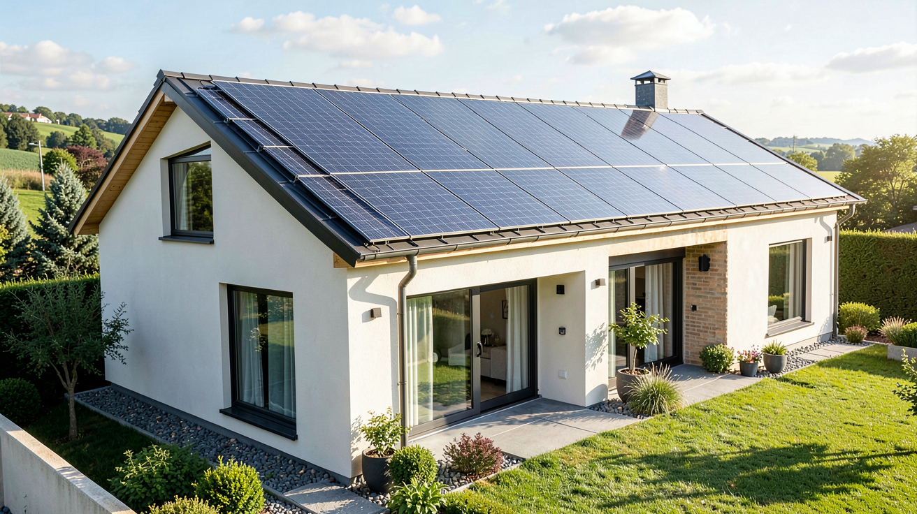panneau solaire maison installé sur le toit d'une habitation moderne et lumineuse