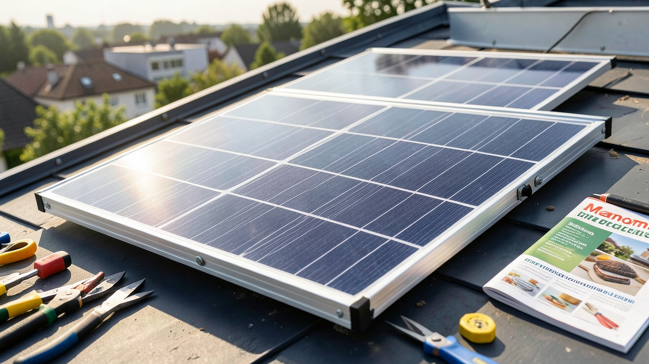 panneau solaire Manomano posé sur un toit avec des outils de bricolage et un catalogue en ligne en arrière-plan