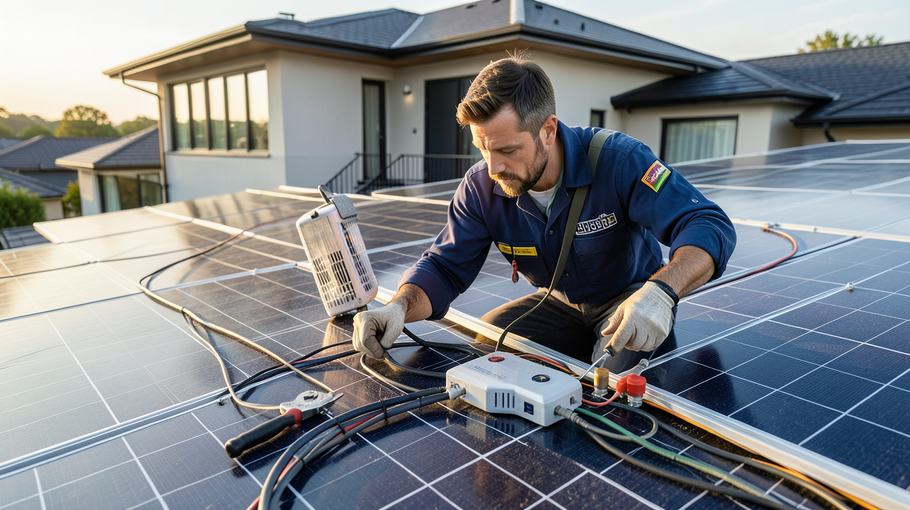 panneau solaire micro onduleur en cours d'installation par un technicien sur un toit résidentiel