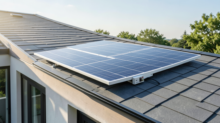 panneau solaire micro onduleur installé sur le toit d'une maison résidentielle moderne, éclairé par la lumière du jour