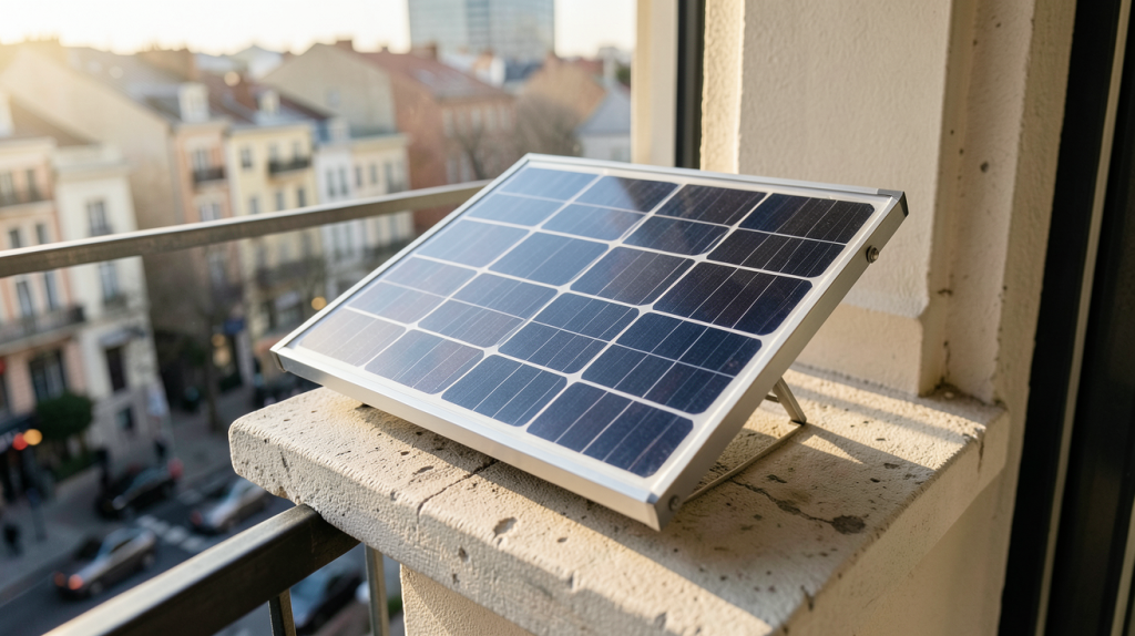 panneau solaire miniature installé sur un balcon urbain