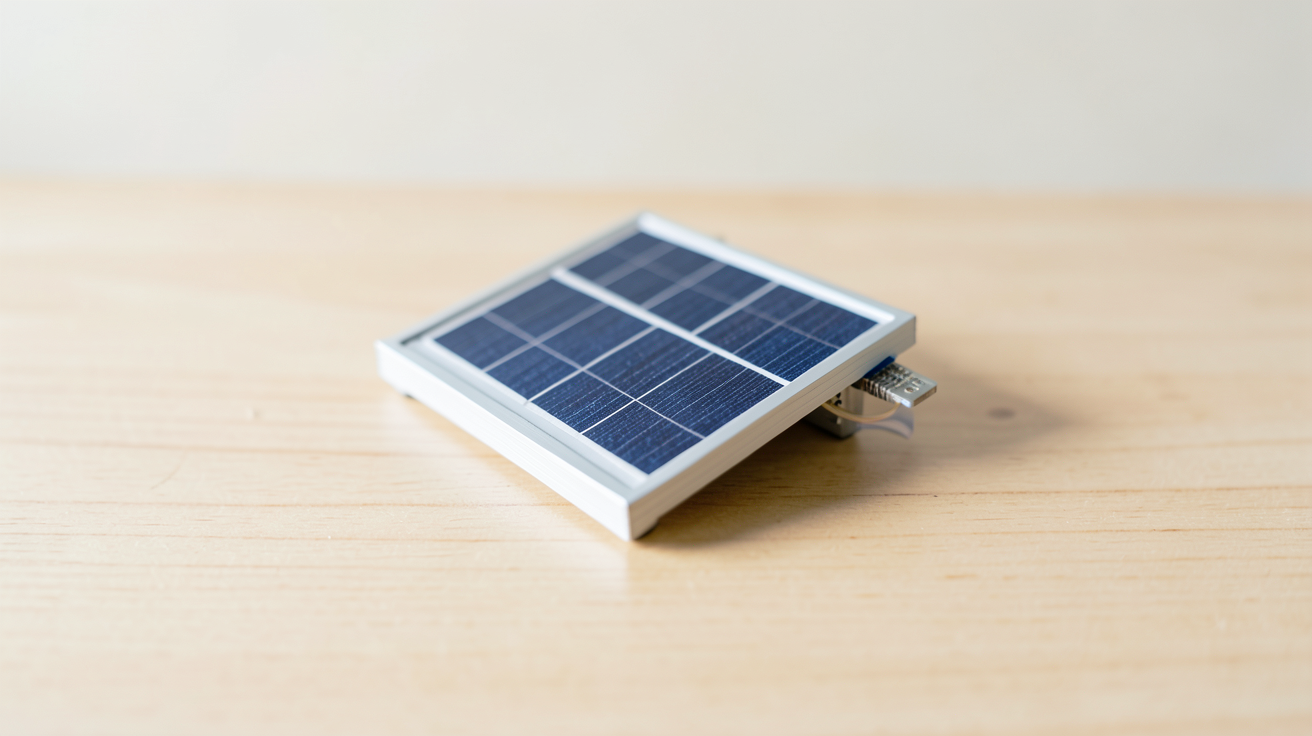 panneau solaire miniature présentant des cellules photovoltaïques et des connexions électriques sur une surface en bois