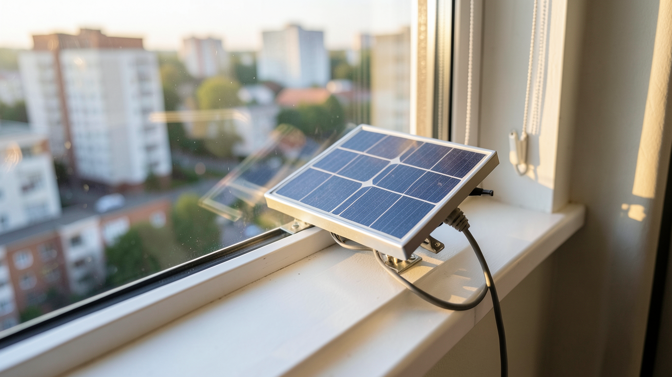 panneau solaire miniature installé sur un rebord de fenêtre d'un appartement en ville