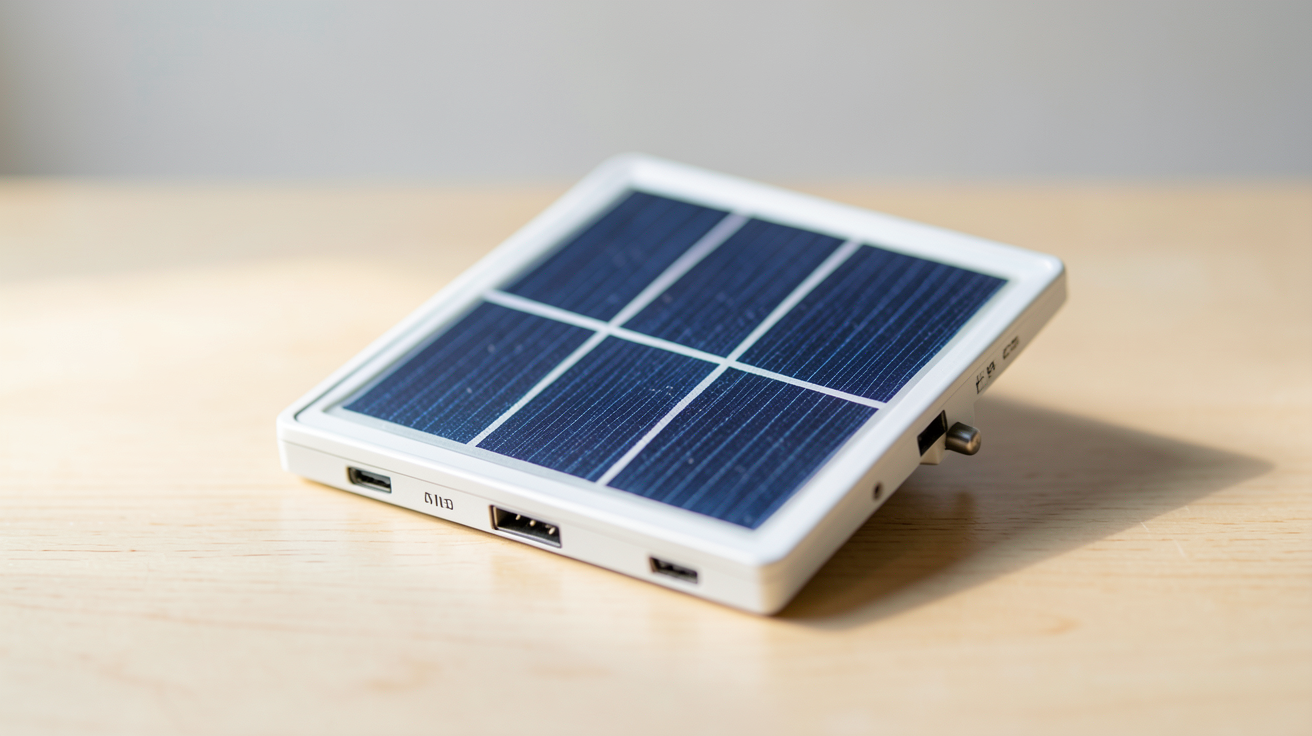 panneau solaire miniature posé sur une table en bois clair, illustrant une application concrète