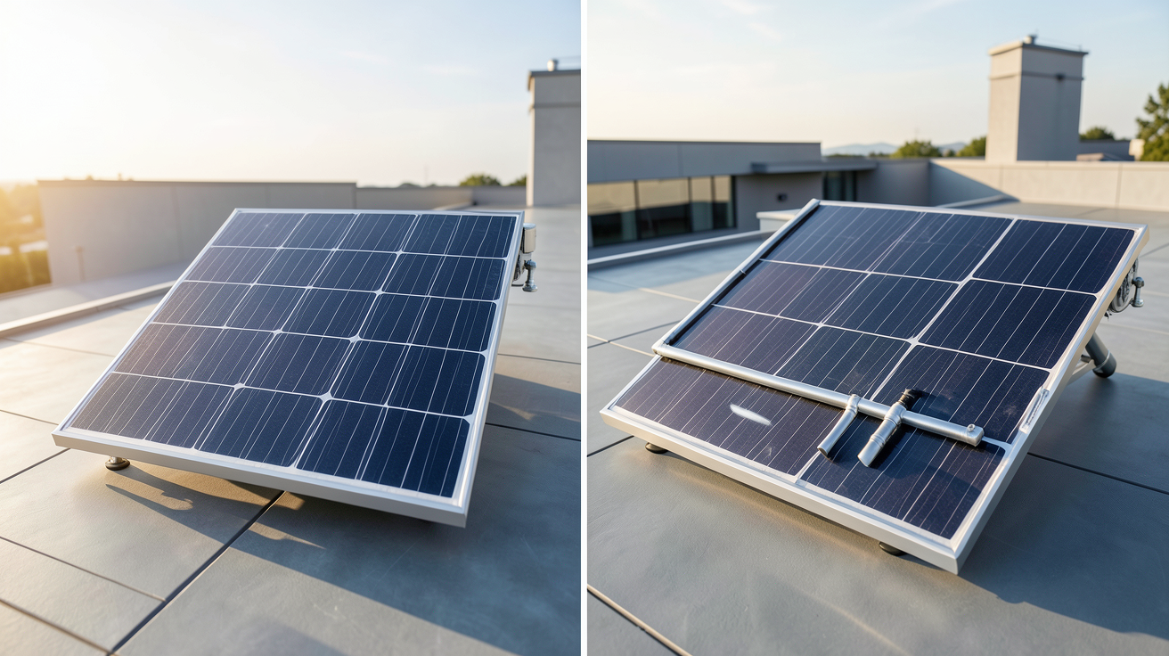 panneau solaire mixte comparant technologie aérovoltaïque et hydraulique sur une toiture moderne