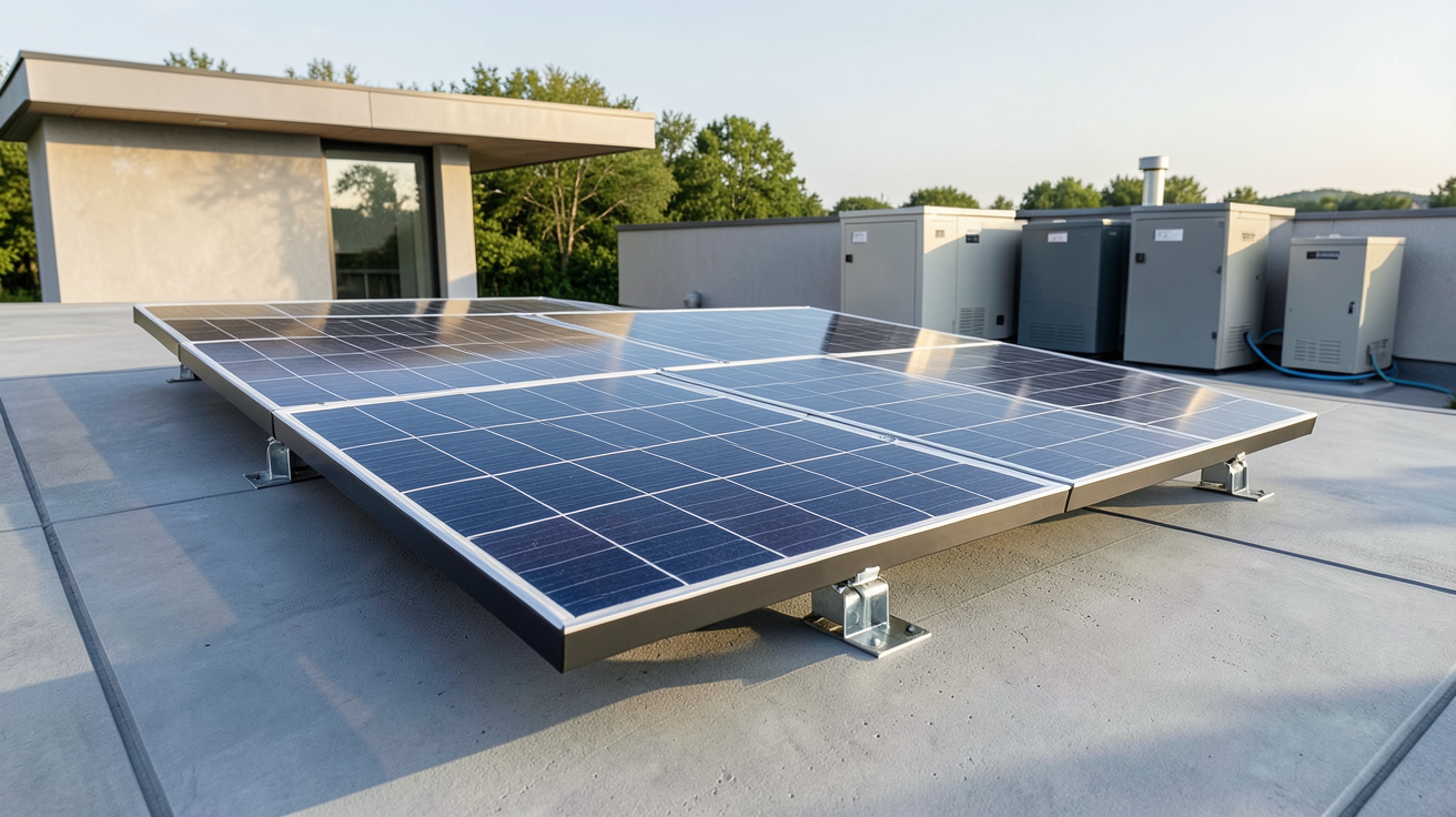 panneau solaire mixte installé sur un toit de maison contemporaine avec des batteries de stockage en arrière-plan