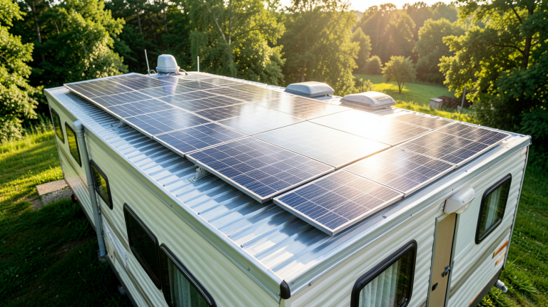panneau solaire mobil home installé sur le toit d'un camping avec vue sur la nature