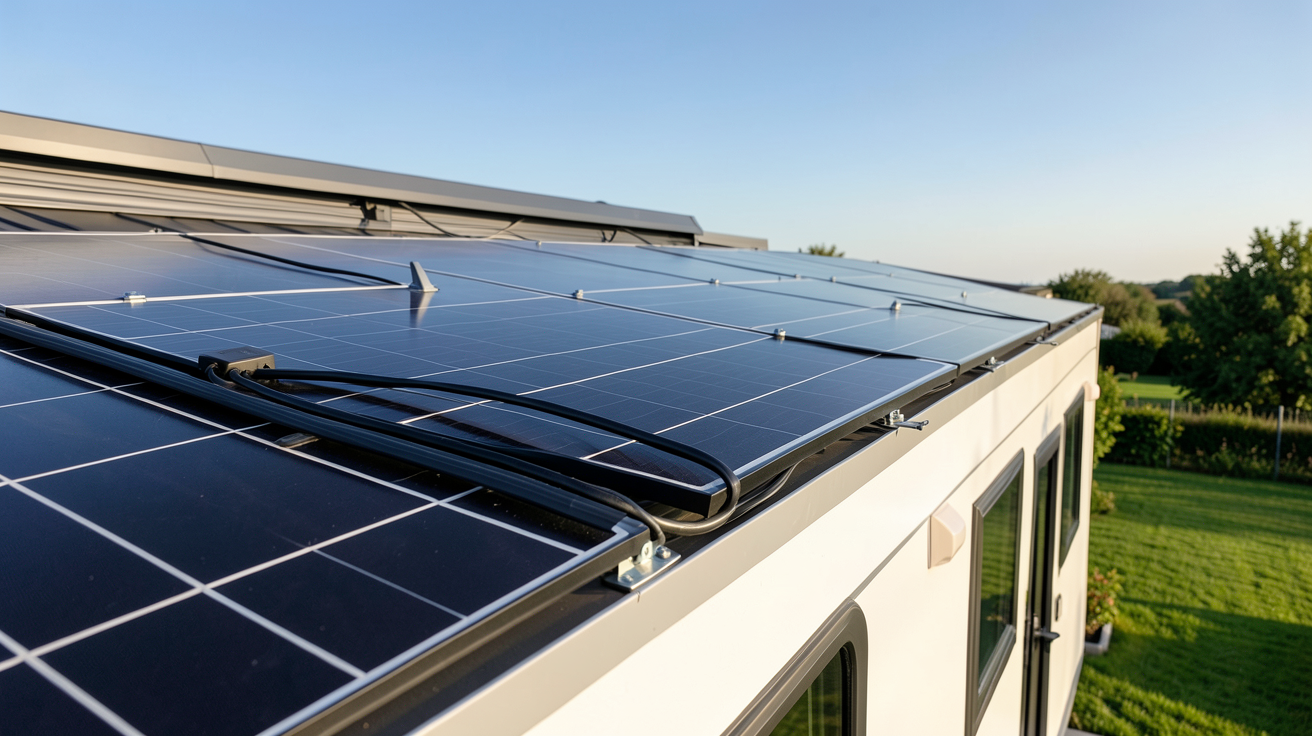 panneau solaire mobil home installation kit plug and play sur le toit d'un mobil-home moderne