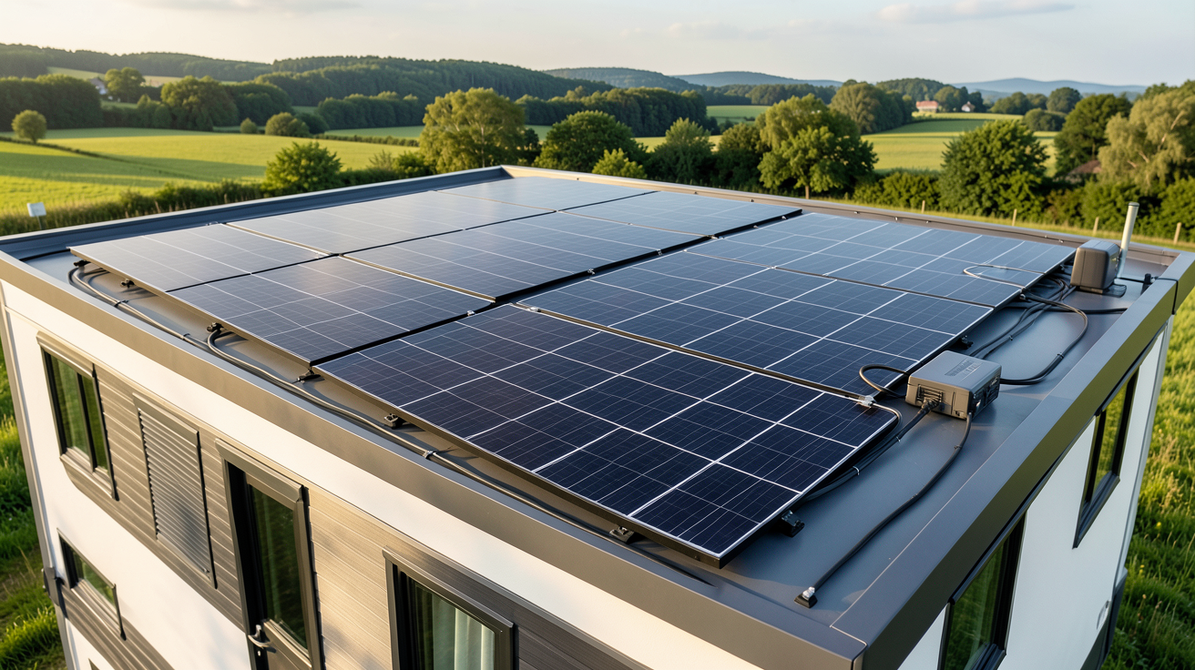 panneau solaire mobil home avec kit complet installé sur le toit d'un mobil-home moderne en campagne