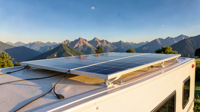 panneau solaire mobile installé sur le toit d'un camping-car en été