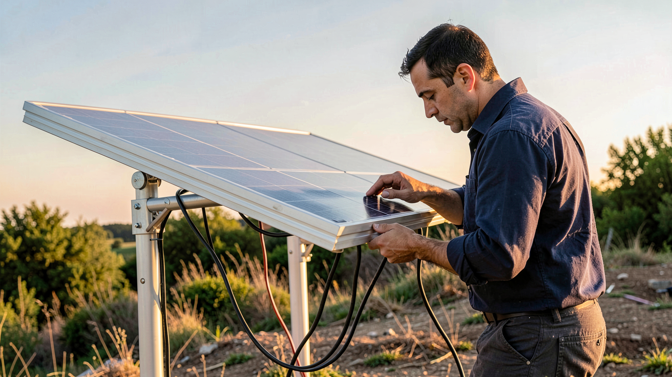 panneau solaire mobile en cours d'installation par un technicien sur un support réglable en extérieur