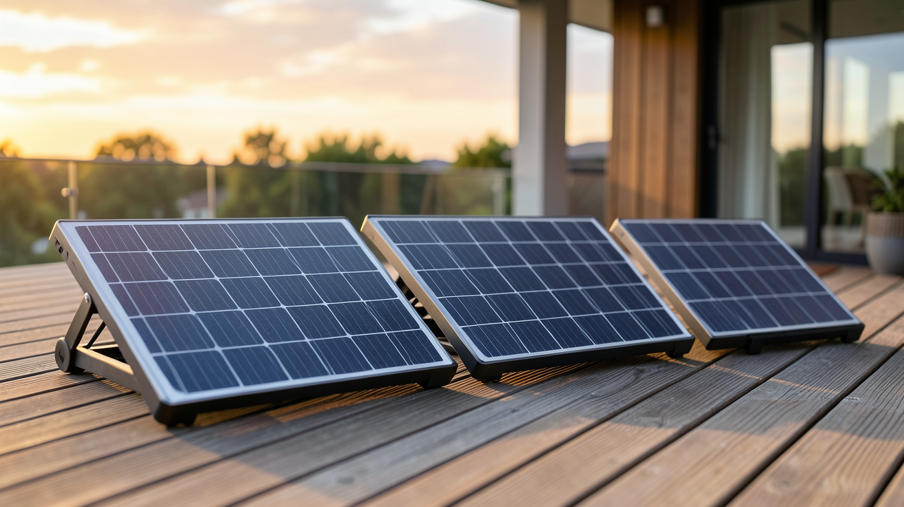 panneau solaire mobile installé sur une terrasse en bois pour un comparatif des meilleurs modèles 2024