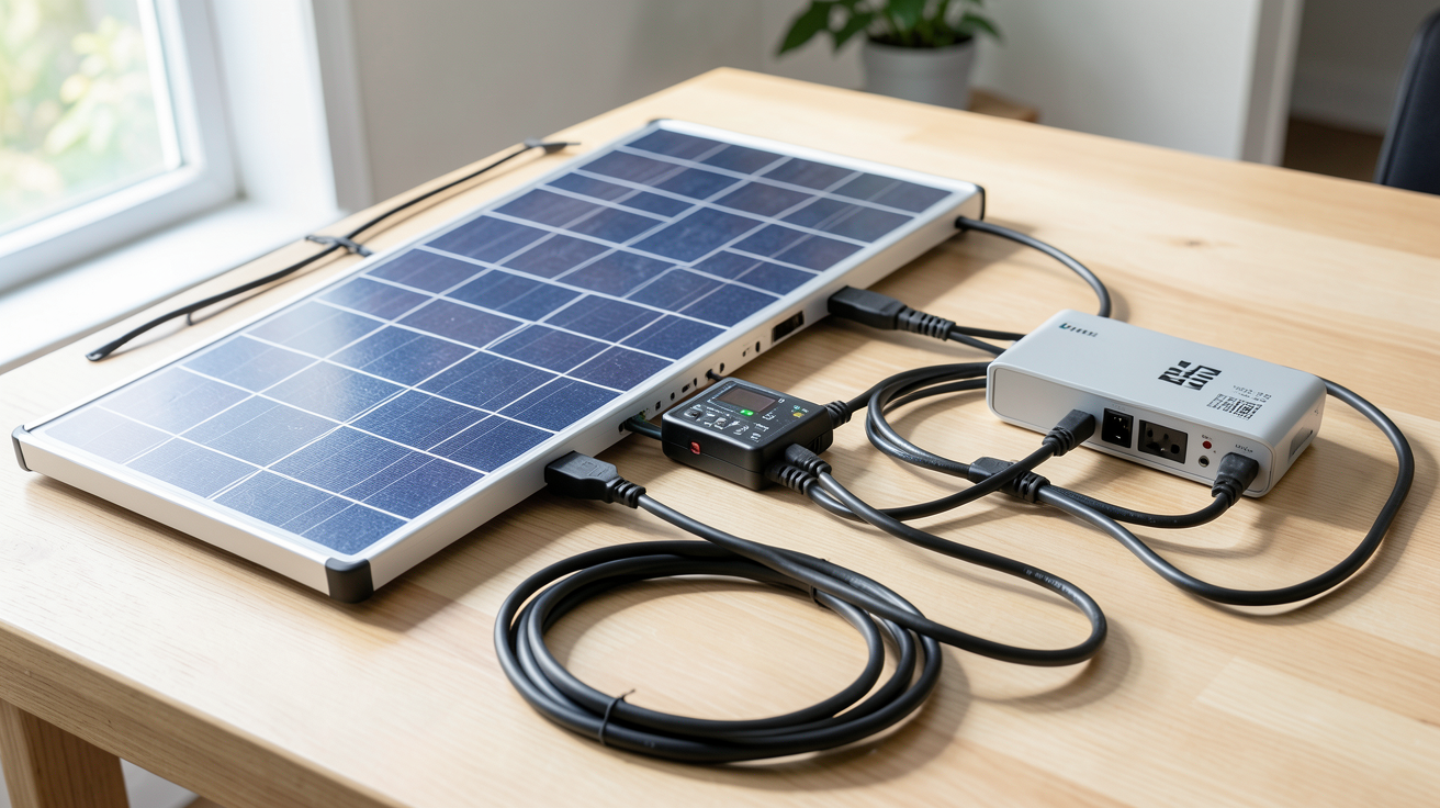 panneau solaire mobile maison schéma de raccordement typique avec régulateur MPPT, batterie, onduleur et prises