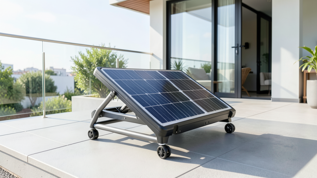 panneau solaire mobile maison installé sur une terrasse ensoleillée d'une habitation moderne