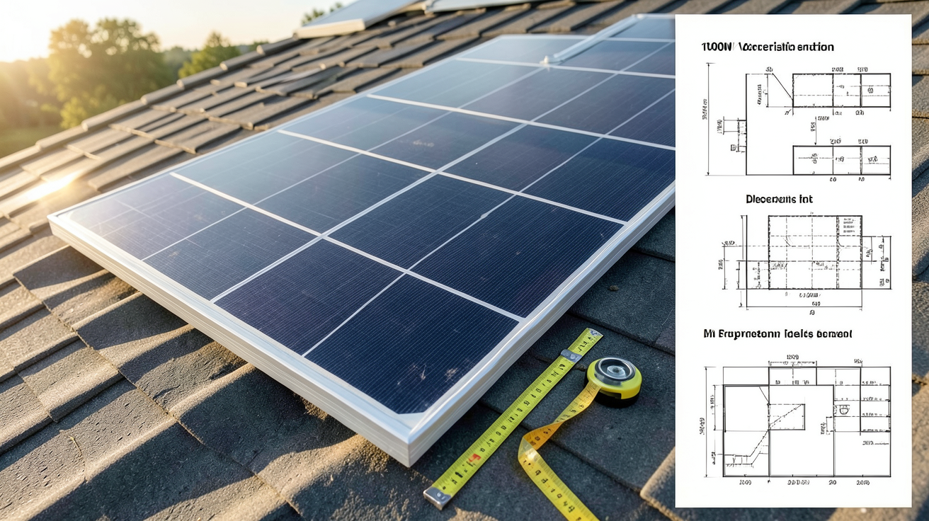 panneau solaire monocristallin 1000w posé sur un toit avec outils de dimensionnement et plan d'installation