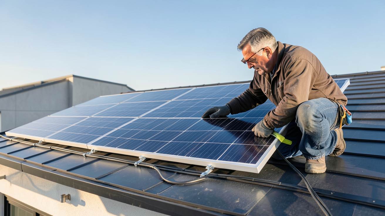 panneau solaire monocristallin 1000w en cours d'installation sur un toit résidentiel par un technicien