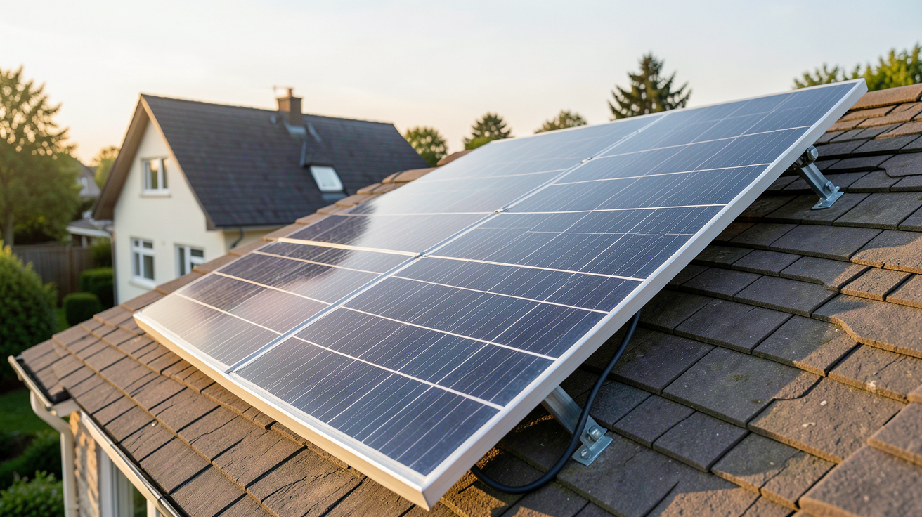 panneau solaire monocristallin 400W installé sur le toit d'une maison avec support de fixation et câbles visibles
