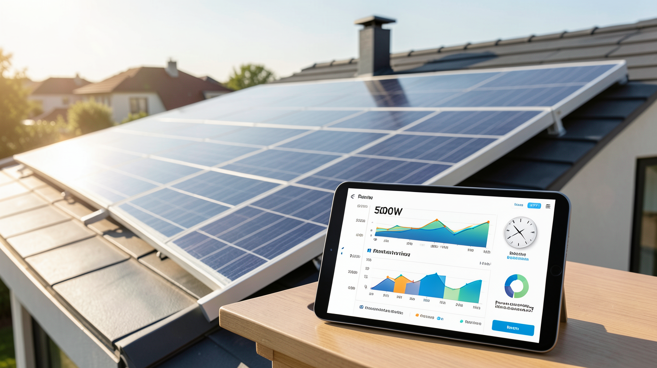 panneau solaire monocristallin 500w et tablette affichant des données de rentabilité
