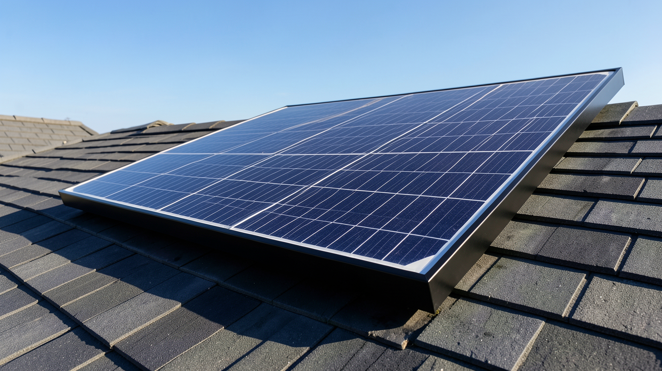 panneau solaire monocristallin 500W installé sur un toit incliné, vue rapprochée des cellules photovoltaïques