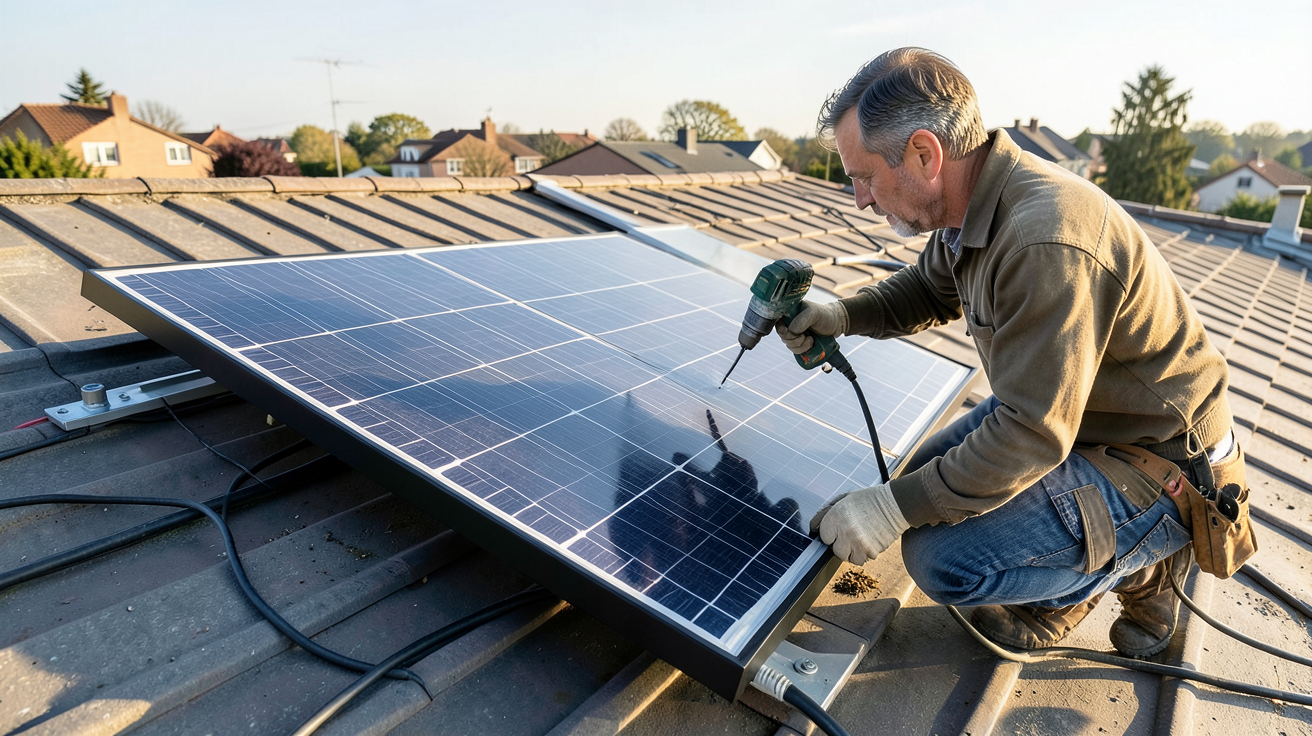 panneau solaire monocristallin 500W en cours d'installation sur un toit résidentiel par un technicien