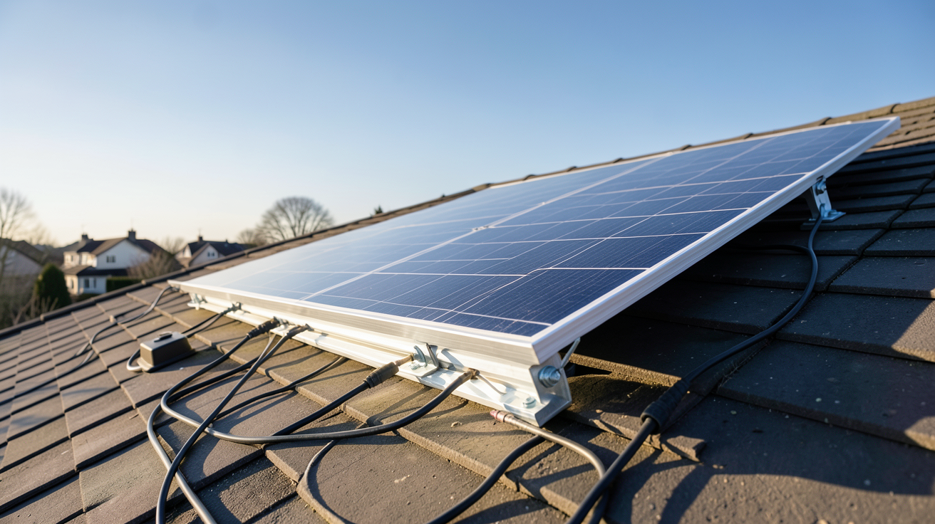 panneau solaire monocristallin 500W en cours d'installation sur un toit de maison résidentielle