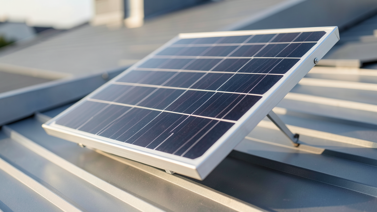 panneau solaire monocristallin 500W posé sur un support incliné en aluminium, détail des cellules photovoltaïques