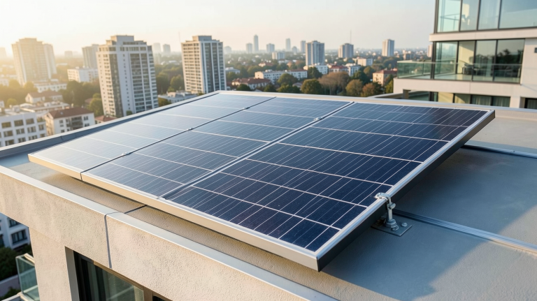panneau solaire monocristallin 500W installé sur le toit d'une maison urbaine moderne
