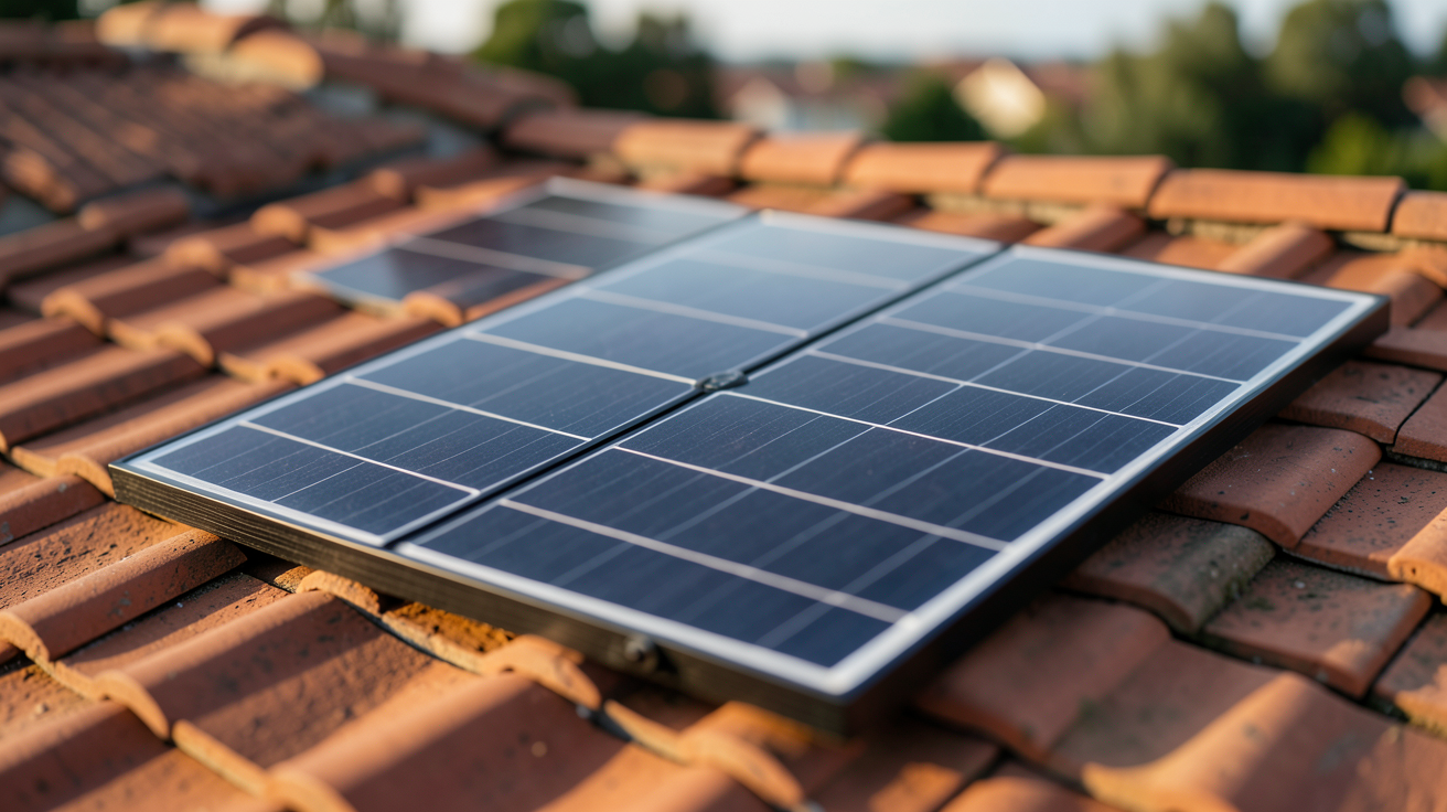 panneau solaire monocristallin haut de gamme installé sur un toit en tuiles rouges