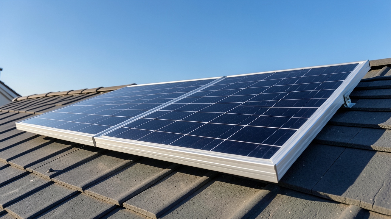 panneau solaire monocristallin posé sur un toit incliné avec des cellules noires brillantes, illustrant le coût d'achat et les aides financières