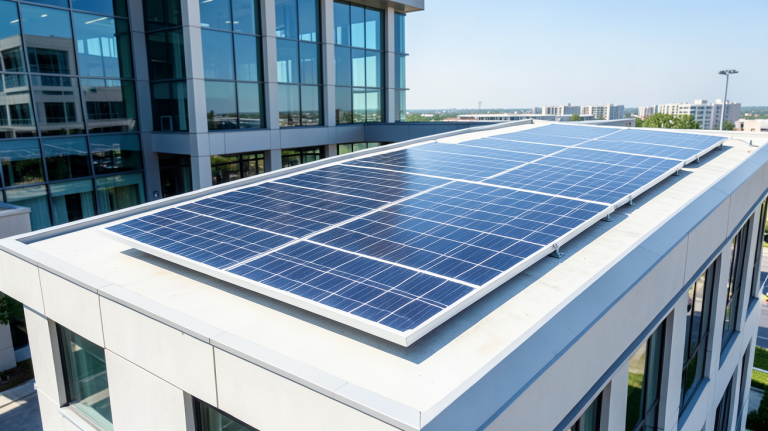 panneau solaire monocristallin installé sur le toit d'un bâtiment commercial moderne, capturé en plein jour avec un ciel bleu net