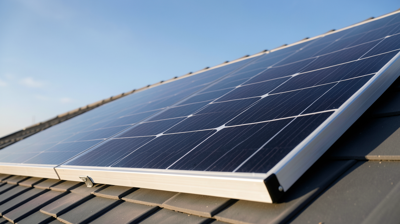 panneau solaire monocristallin de haute qualité installé sur un toit incliné avec ciel bleu clair en arrière-plan