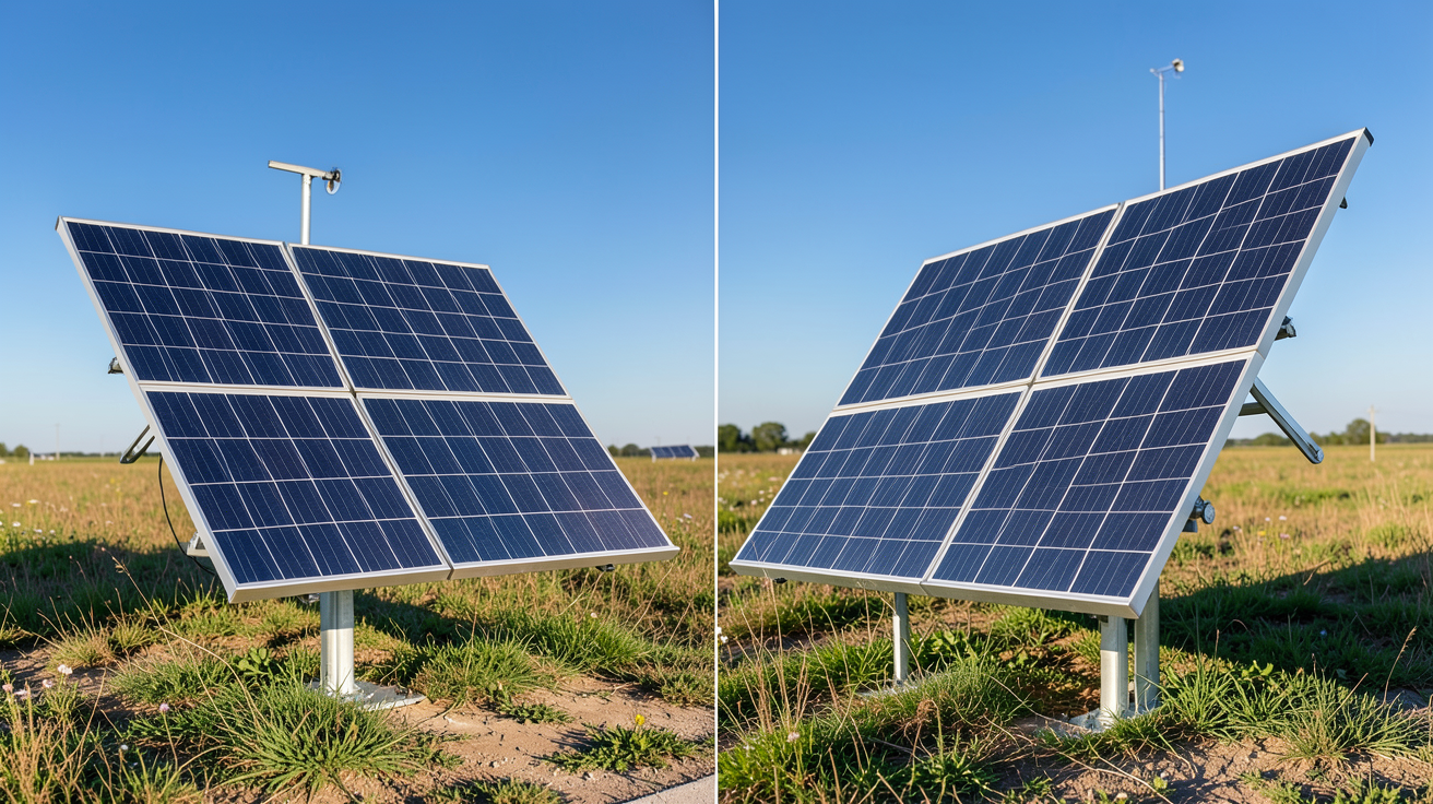 panneau solaire motorisé comparatif entre modèle 1 axe et modèle 2 axes en extérieur