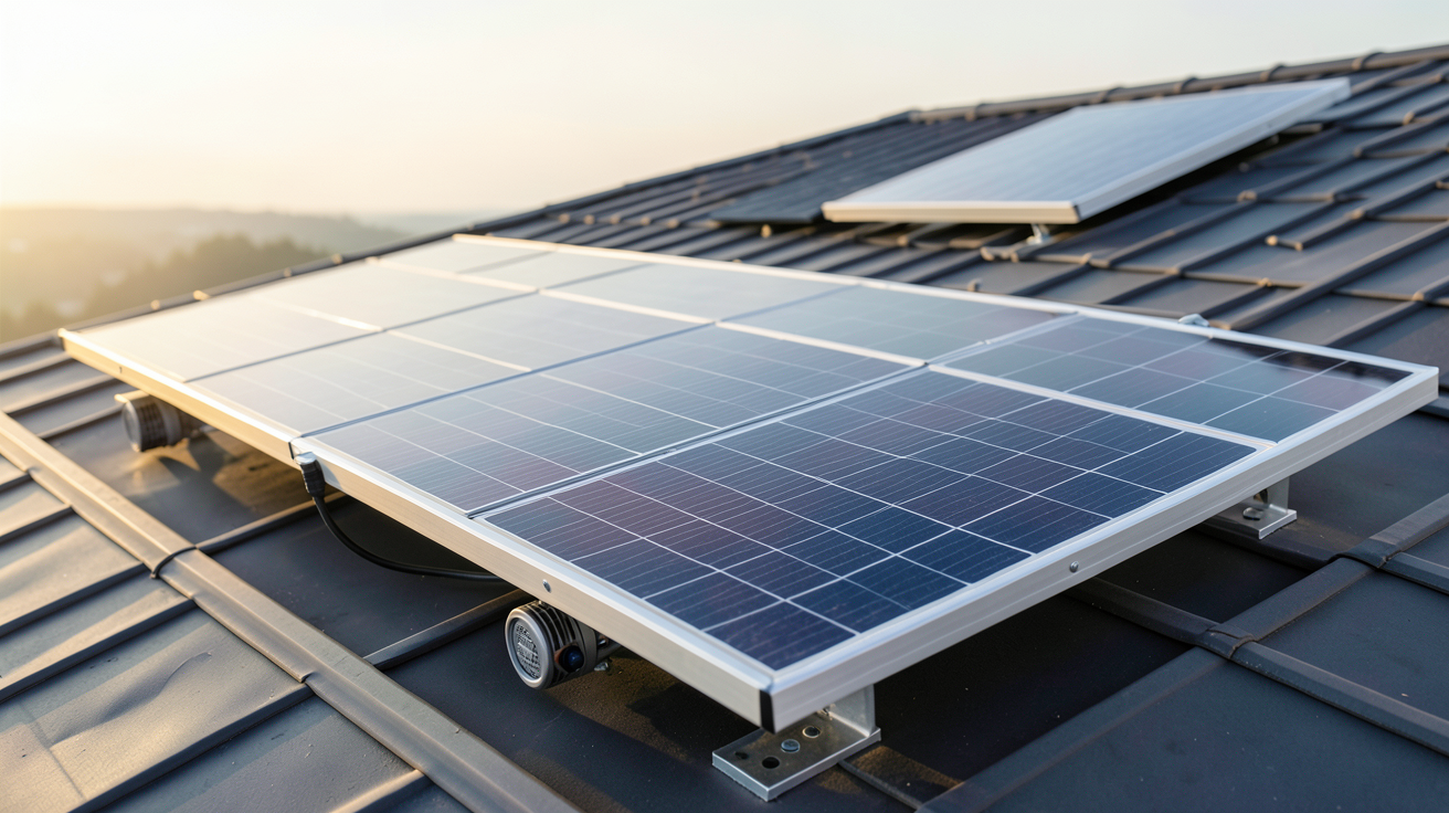 panneau solaire motorisé équipé d'un tracker solaire en fonctionnement sur un toit incliné