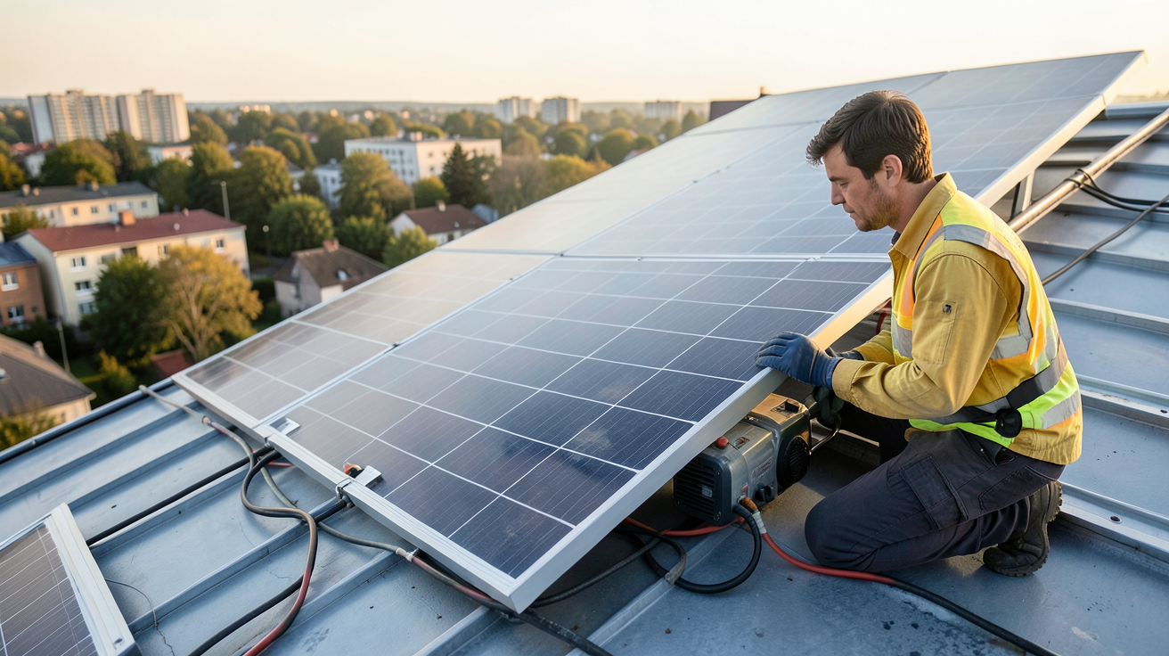 panneau solaire motorisé en cours d'installation sur un toit par un technicien