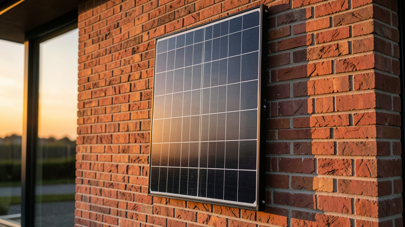 panneau solaire sur mur vertical installé sur une maison en brique rouge avec lumière naturelle