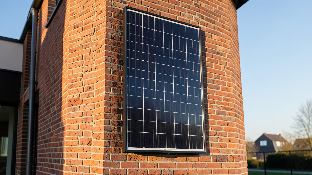 panneau solaire mural installé verticalement sur le mur extérieur d'une maison contemporaine en brique rouge