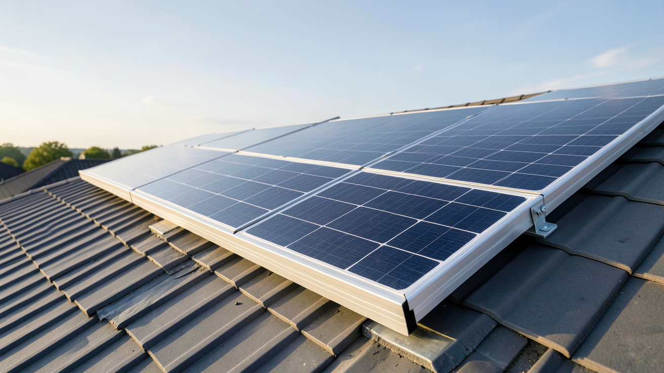 panneau solaire MyLight 150 installé sur un toit incliné, vue détaillée des cellules photovoltaïques