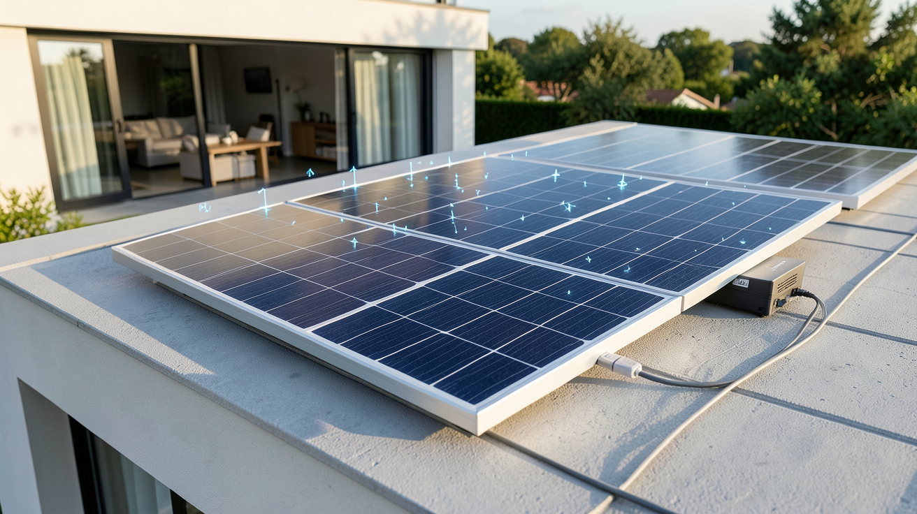 panneau solaire MyLight connecté à une batterie virtuelle 150 sur un toit de maison contemporaine