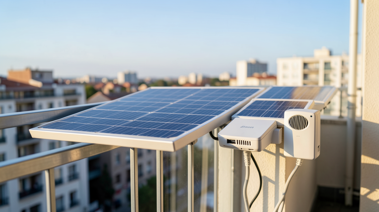 panneau solaire non déclaré kit plug and play installé sur un balcon urbain