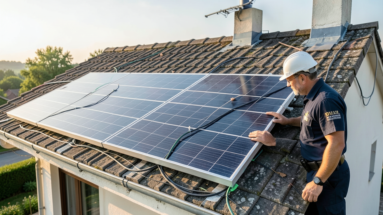 panneau solaire non déclaré installé illégalement sur un toit avec un inspecteur en train de vérifier la conformité