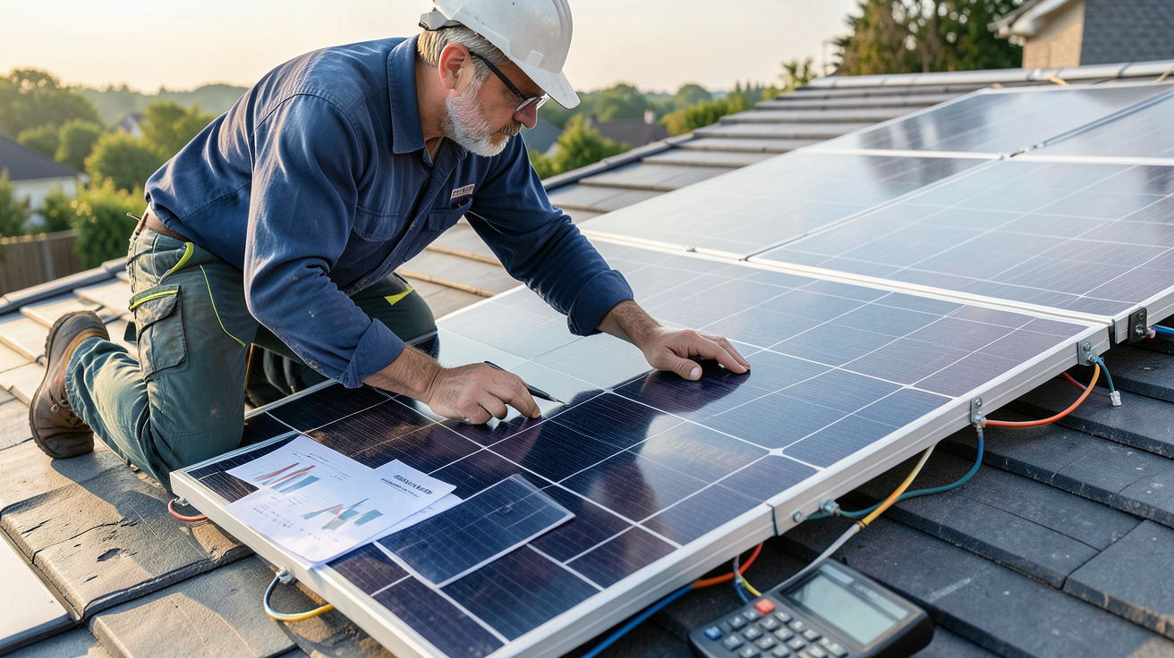 panneau solaire nouvelle génération 2022 installé sur un toit avec documents financiers et calculateur en arrière-plan