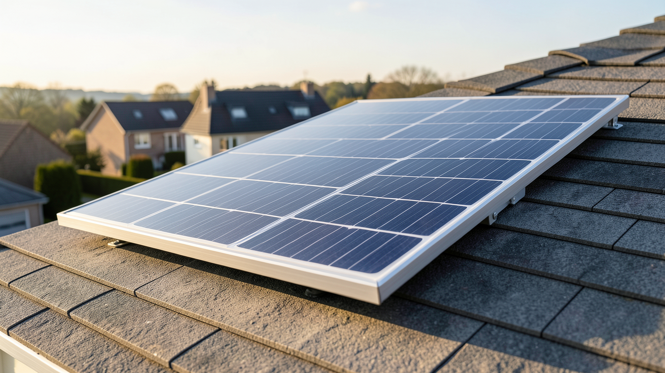 panneau solaire nouvelle génération 2022 installé sur un toit résidentiel, affichant des technologies commercialisées comme l'hétérojonction ou le PERC avancé