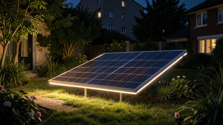 panneau solaire nuit avec éclairage LED intégré illuminant un jardin résidentiel