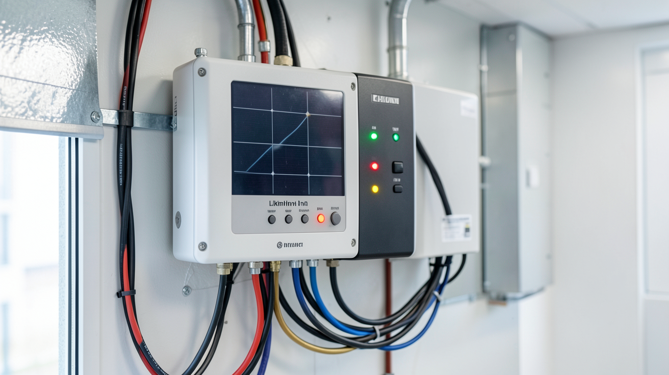 panneau solaire onduleur batterie : système d'onduleur solaire connecté à une batterie de stockage dans un local technique